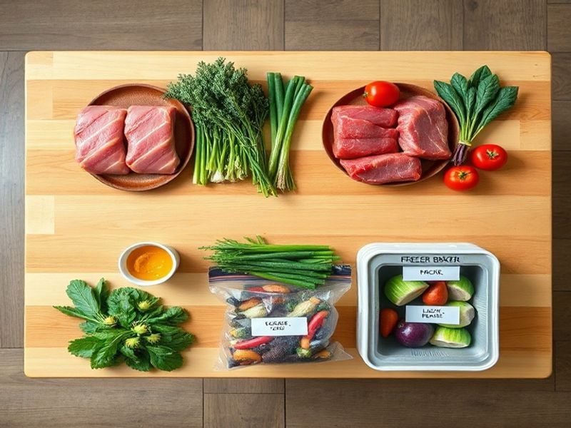 A flat lay visualizing the 2+1 meal planning strategy with fresh ingredients and a freezer meal.