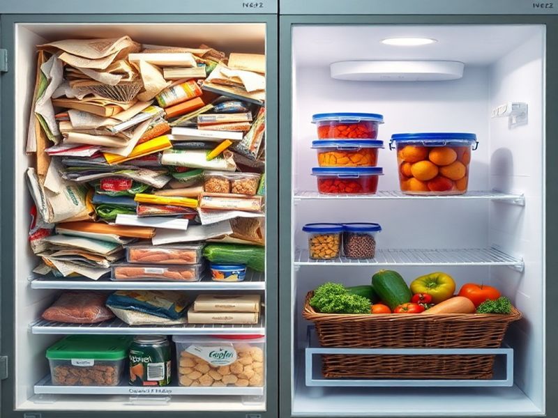 Comparison of a cluttered fridge versus a lean, organized fridge following the 2+1 strategy.
